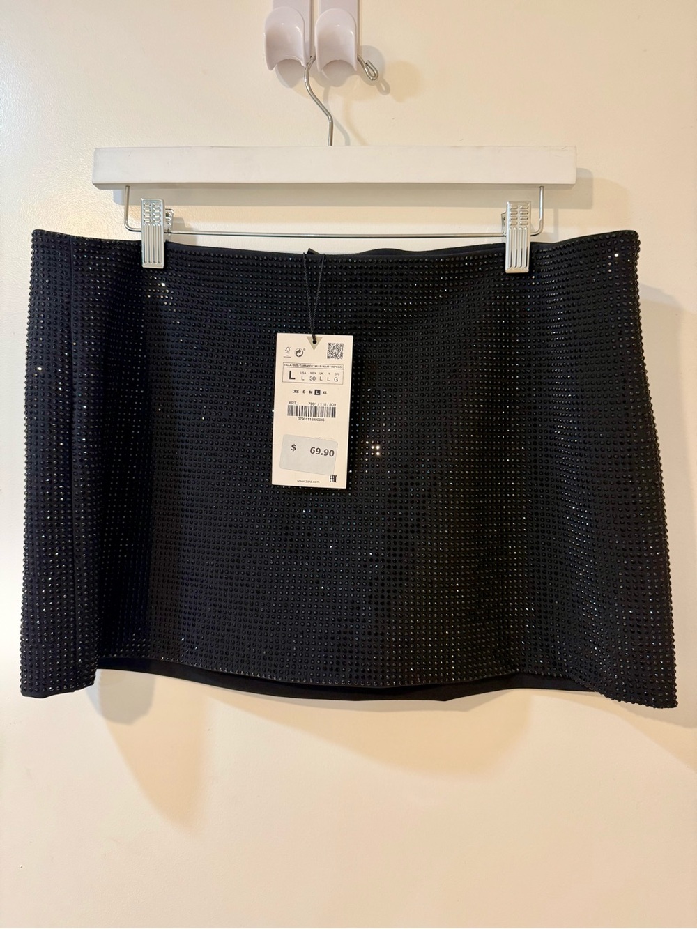 ZARA Black Beaded Rhinestone Low Rise Mini Skirt NWT L RARE
